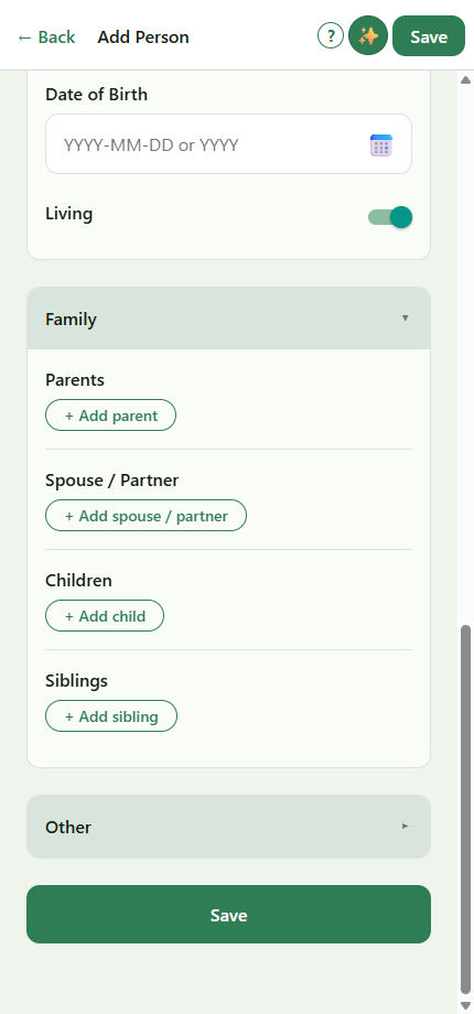 The Add Person screen with the ✨ Describe-your-family button in the header and a Family section listing Add parent, Add spouse or partner, Add child, and Add sibling buttons