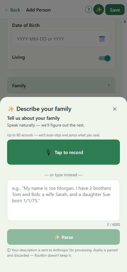 The Describe-your-family sheet in its ready state: a Tap to record button with a microphone, an or-type-instead text box with an example sentence, and a Parse button