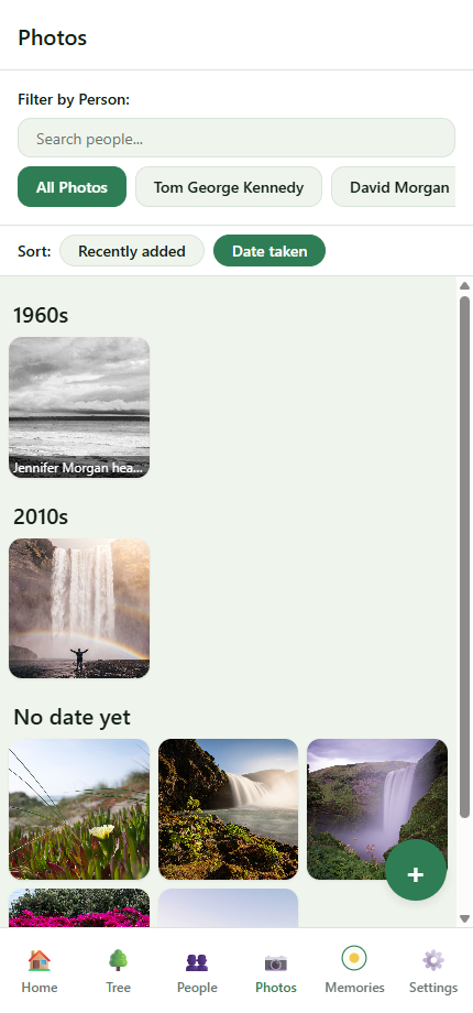 The Photos tab in Date-taken sort mode, with photos grouped under 1960s and 2010s decade headers and an undated group labelled No date yet at the bottom